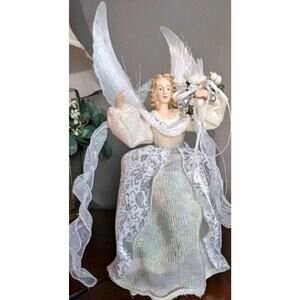 Vtg Fiber Optic Angel Tree Topper Light Up Silver White Gown Christmas 15"